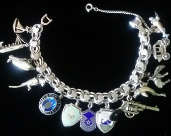 Vintage 1960's - 1980's SILVER Charm Bracelet 13 Charms