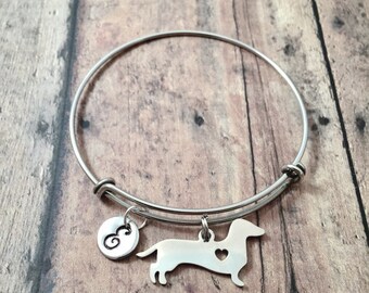 Dachshund initial bangle - dachshund jewelry, doxie bangle, weenie dog jewelry, dachshund bracelet, doxie bracelet, weiner dog jewelry