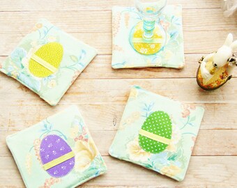 Coasters mug rug coffee tee drink coaster hot pad Easter egg set of 4 green violet yellow floral cotton ribbon housewarming hostess gift