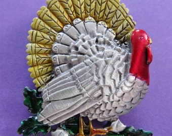 JJ Jonette Silver Pewter Handsome Turkey Brooch Pin