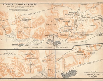 1908 Pyramids and Tombs of Saqqara, Egypt Antique Map