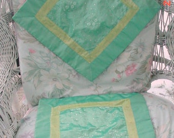 Aqua Pillow Covers Satiny Sequined French Country Shabby Chic