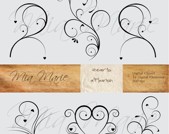 INSTANT DOWNLOAD - Digital Clip Art - Digital Flourish Swirl Digital Flourishes Swirls Hearts Clip Art Clipart Black and White