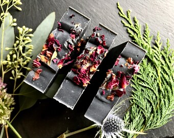 SANDALWOOD + ROSE Activated charcoal Cold Process Soap >> minnesota made/musk/detox/romantic/rose/vegan