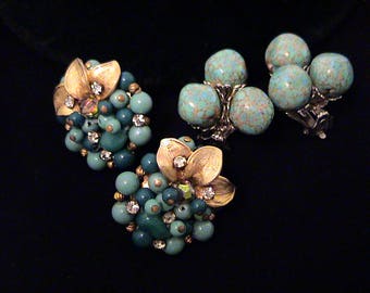 Two Pairs of Vintage Turquoise Blue Art Glass Earrings, 1 signed Robert