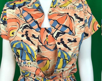 1940s CC41 Novelty Print Seaside Pin Up Dress and Bolero M
