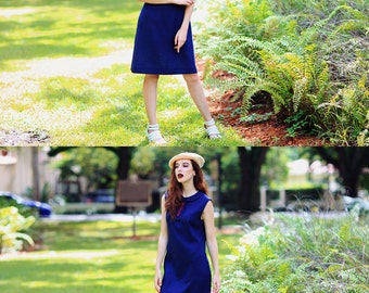 60s Blue Mod Dress Vintage Navy Blue Peter Pan Collar Shift Dress