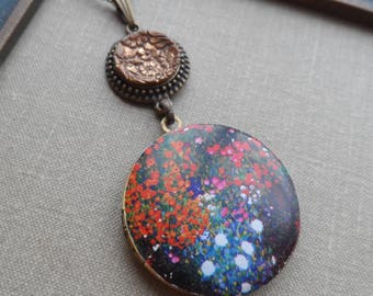 50% Off Antique Button Locket Necklace, Impressionist Garden