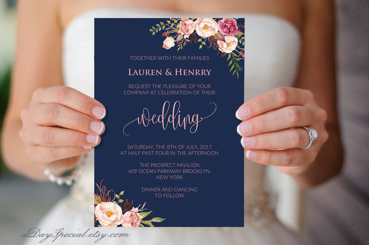 navy wedding invitation template pink coral boho chic floral 5x7 invitation template free