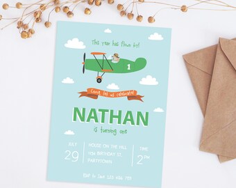 Birthday invitation, airplane birthday invitation, printable birthday invitation, boy birthday invitation, 1st birthday invitation