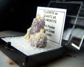 Purple Fluorite Colorado crystal cluster cube USA mineral specimen - perky box mount - rare cripple creek on quartz - display box 4t1850
