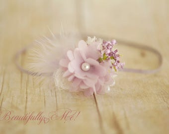 Rustic Newborn Plum Baby Headband Fits All in purples plum n lavenders Shabby Chic baby 1st photo shoots fits all *SHIPS FREE
