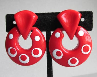 Large 1960's MOD Red & White Lucite Flat Hoop Clip Earrings
