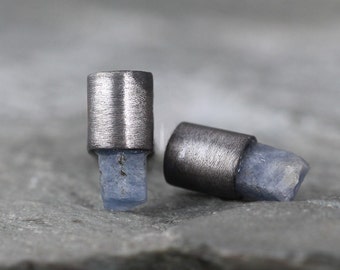 Blue Sapphire Earrings - Modern Raw Sapphire Stud Earring - Rustic - September Birthstone - Tube - Sterling Silver Pierced Stud Earring