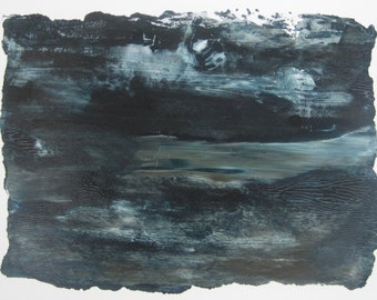 Original OOAK Abstract Monoprint Deep Blues Greens Unique Handmade Gift