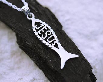 Sterling Silver Jesus fish Necklace, sterling silver ichthus necklace, silver jesus necklace, sterling silver Ichthys necklace choose chain.