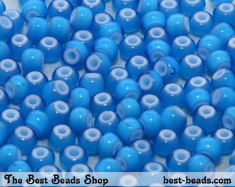 25g (300pcs) White Lined Blue Rocaille 5/0 (4.5mm) Preciosa Czech Glass Seed Beads