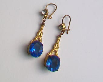 Sapphire Blue Glass Claw-Set Stones in Gold Tone Dropper Earrings