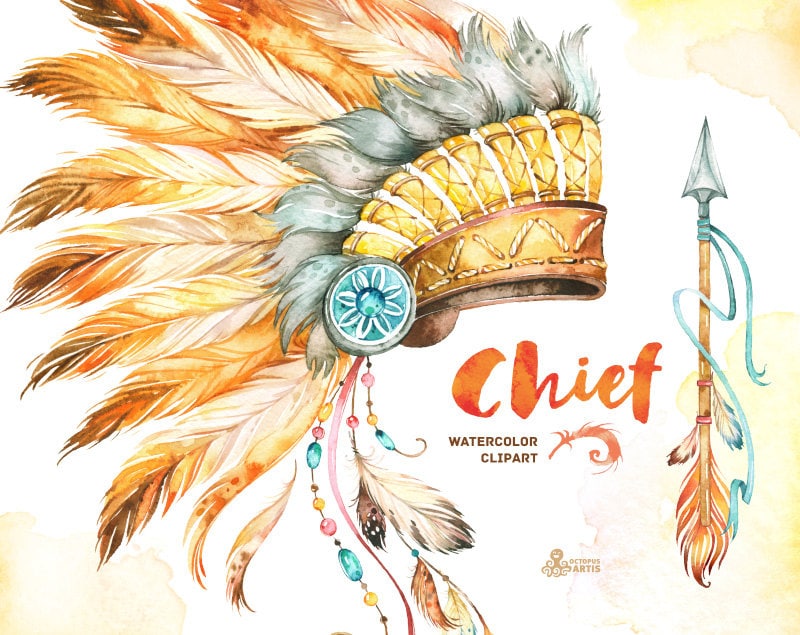 Chief. Indian Headdresses Dreamcatcher and Arrow. Watercolor