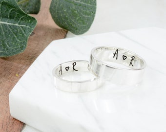 Sterling Silver Matching Couples Ring Set | Silver Handstamped Wedding Ring Set | Handmade Secret Message His and Hers Rings | Couples Gift