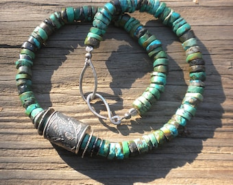Gorgeous Rustic Turquoise Necklace with Anne Choi Bead, Sterling Silver, Turquoise, Beads, Green to Blue, Anne Choi Bead, Pine Branch Design