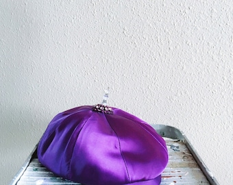 Vintage Purple Beret Mid Century with Jeweled Accent