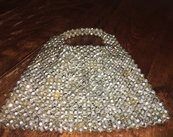 Vintage 1950s Silver Beaded Handbag Prom Purse Wedding Bag