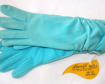 Vintage Marvelfit Aqua Blue Fabric Mid Length Dress Gloves with Gathered Wrists - One Size, Small Medium Large, Unworn