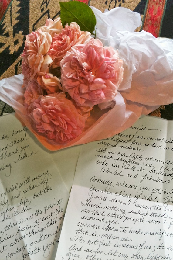 Pink Roses and a Note (5" x 7" photographic greeting card - blank inside/with envelope)