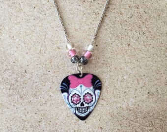 Pinky Sugar Skull guitar pick necklace, super cool funky jewelry, fun accessory, costume jewelry