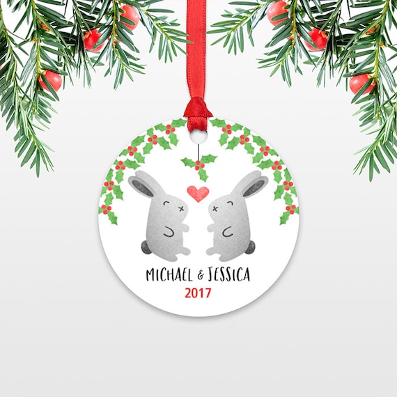 Personalized Christmas Ornament, Bunny Rabbit Couple Engaged Christmas Ornaments, Engagement Ornament, Wedding Ornament Christmas Decoration