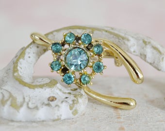 Vintage Wishbone and Blue Rhinestone Brooch in Silver-Tone Metal