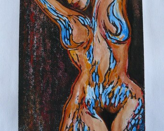 Female nude woodcut-turquoise and Ochre limited series
