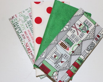Christmas - 4 Fat Quarters - Red, Green, Gray - 100% cotton fabric