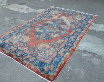 Vintage Persian rug. Blue accent vintage rug. Persian worn rug. Perisan carpet. Free shipping. 6.6 x 4.2 feet.