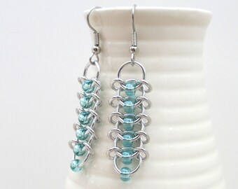 Seafoam beaded chainmaille Centipede earrings