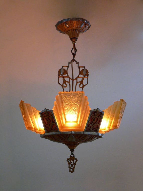Antique Art Deco Chandelier With Slip Shades From 1930