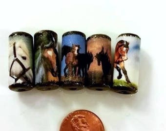 Horse Beads - Handmade Paper Tube Beads - - Set/5 - PB33