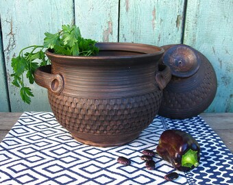 Pottery casserole with lid and handles Ceramic handmade Clay cookware Rustic Stoneware dinnerware Pot for soup Unglazed bowl Made in Ukraine