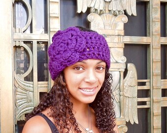 Crochet Headband, Ear Warmer With Flower, Adult, Crochet, Dark Purple, Women,Teen,,