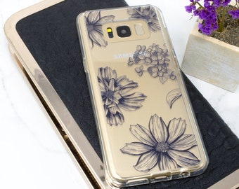 Samsung Galaxy S9 Case, Galaxy S8 Case, Phone Case, Floral, Galaxy S7 Case, Galaxy S8 Plus Case, Clear Case, Navy Blue, Galaxy S9 Plus Case