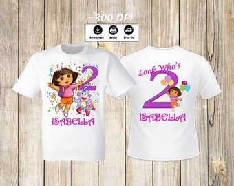 Dora the Explorer Set of 2 Birthday Girl iron on transfers Dora the Explorer iron on transfer front and back of t-shirt. Dora Birthday set.