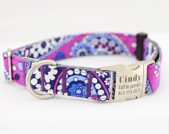 Laser Engraved Personalized Dog Collar,Purple Flower,Fabric 62