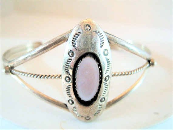 Sterling Bracelet, Native American Symbols, Mother of Pearl Setting, Old Pawn Cuff Bracelet