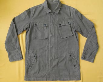 John Bull Jacket Vintage Zipper Button Down Four Pockets 90s Olive Green Herringbone Twill Heavy Cotton Parka Military Style WW2