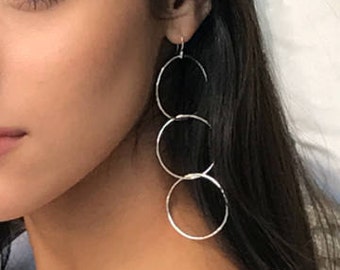 Sterling Silver Trio Hoop Dangle Earrings with Hammered Finish, Hoop Earrings, Silver Hoops, Hammered Hoops, Dangle Hoops, Circle Earrings
