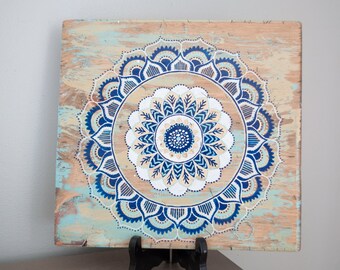 Mandala Art- Mandala on Distressed Wood- Mandala Wall Hanging- Mandala Decor- Turquoise Mandala