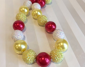 Beauty and the Beast Inspired Red Yellow Pearl Rhinestone Chunky Necklace