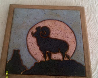 Vintage Ceramic Tile Trivet with Ram and Moon, Made by Lov Ceramics, Jackson Wyoming, Western Trivet, Wildlife Hot Pad