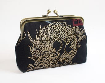 Medium Coin Purse. Kiss Lock Coin Purse. Change Purse. Dragon Coin Purse in Black with Gold Dragons
